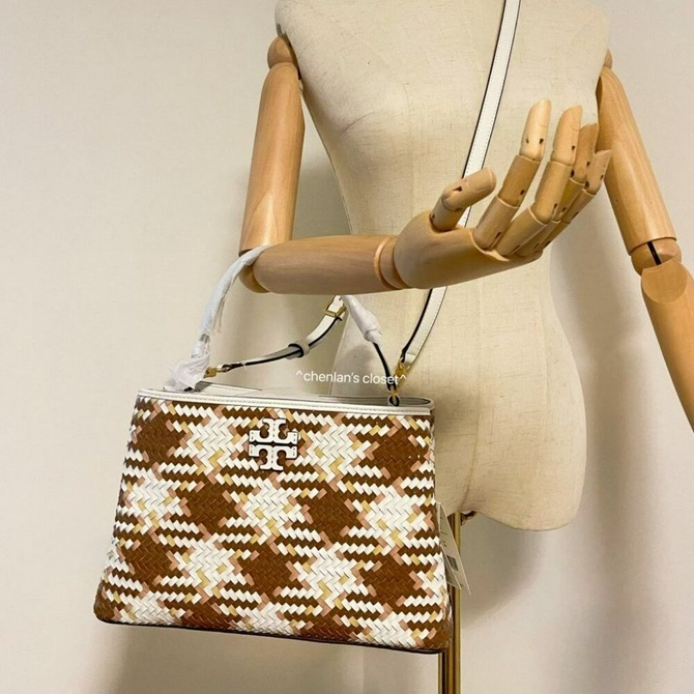 Tory Burch Britten Woven Satchel in Brown and Cream - Picture 4 of 15